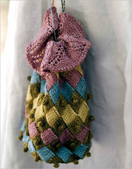 Entrelac Reticule with Bobble Trim Knitting Pattern DownloadImage